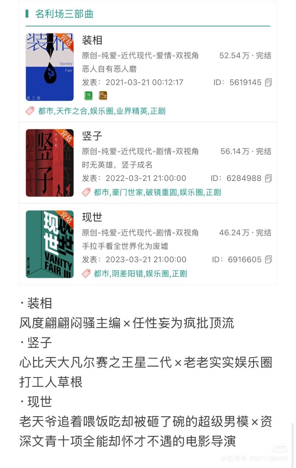 《现世》看完了前2/3是神作后面就……emm名利场三部曲都是好看的我的喜欢排序是