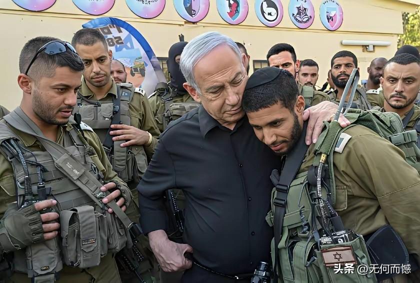 内塔尼亚胡慰问士兵的画面，也不知道是发生在什么时候的事，他一只手叉着腰，一只手放