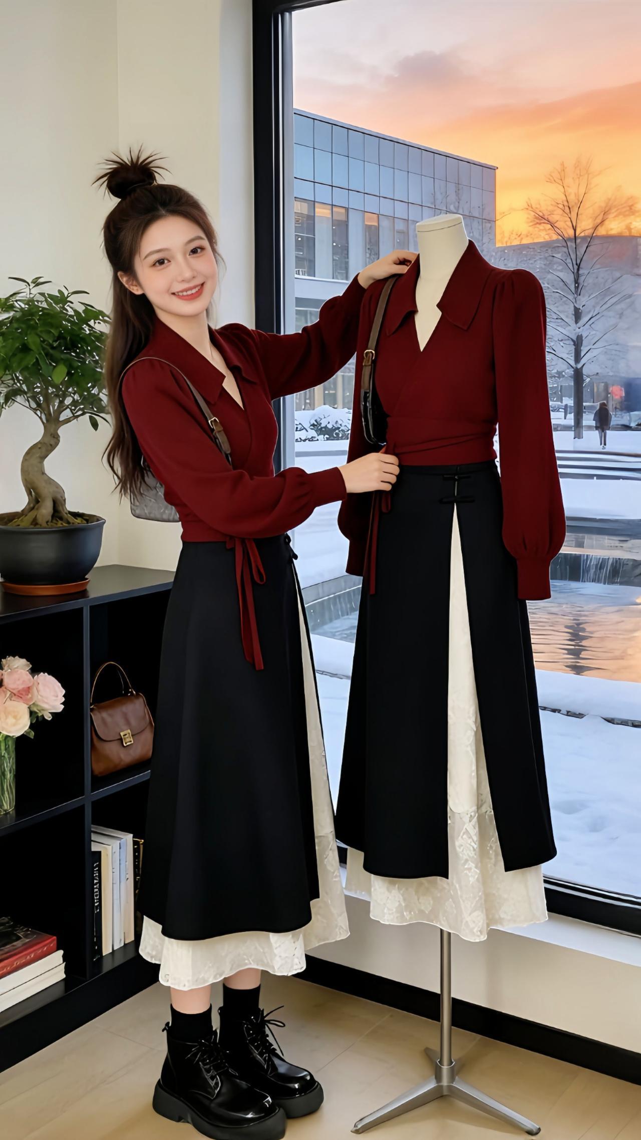 《冬日红韵的港风邂逅》
Danny在飘雪的冬日里整理复古港风套装，酒红上衣搭不规