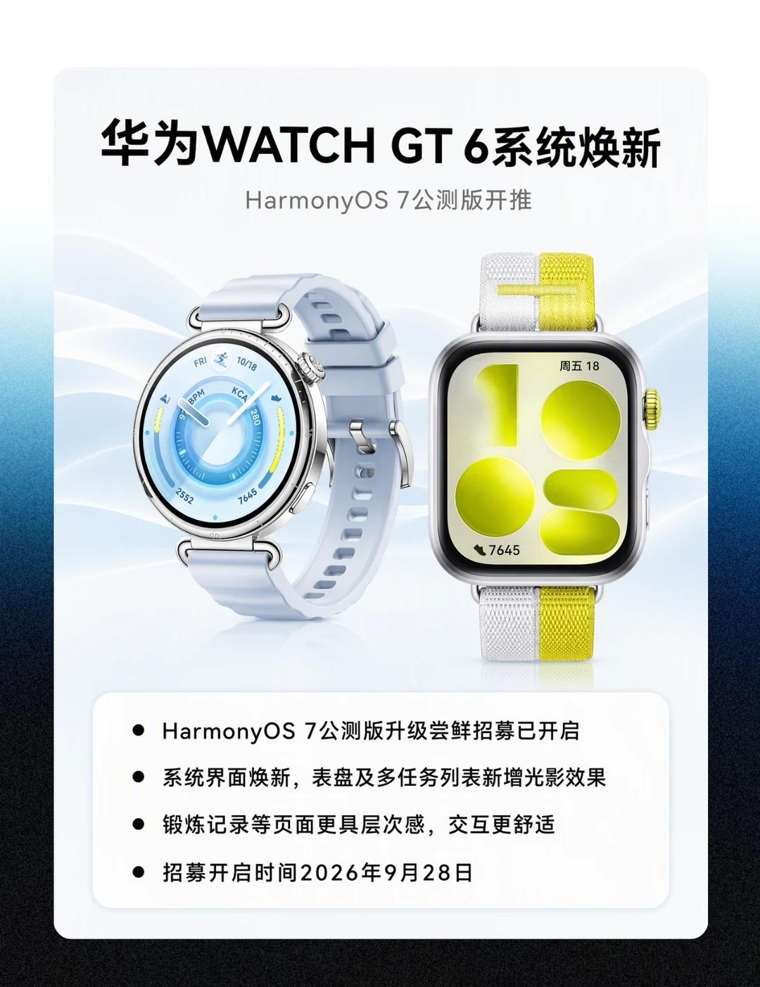 华为WATCH GT 6系统焕新
华为 WATCH GT 6 系列开始 Harm