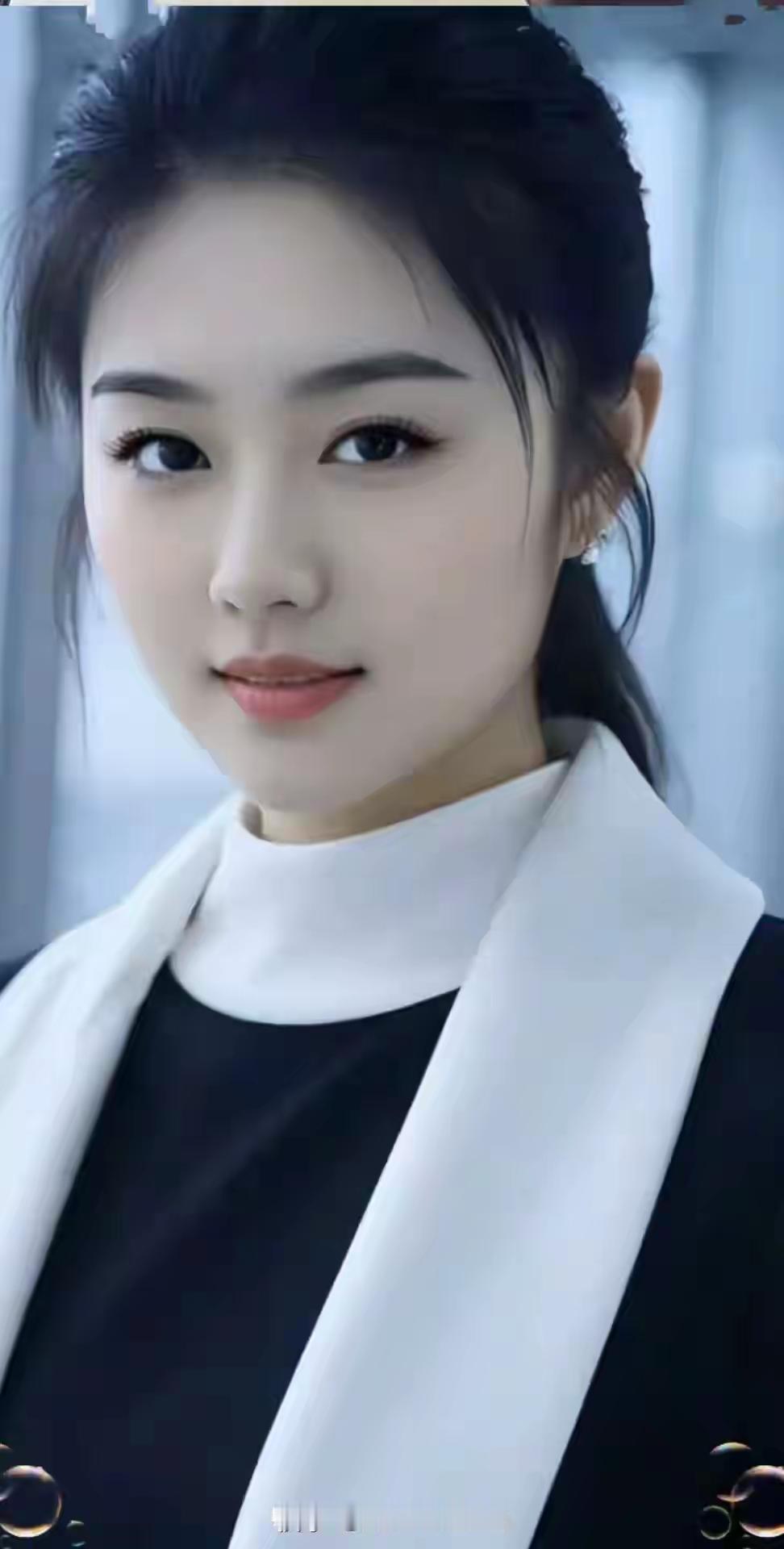 优雅的黑白配永远不会过时，黑色上衣搭配一条白色围巾，妆容清新自然，宛如春日清晨的