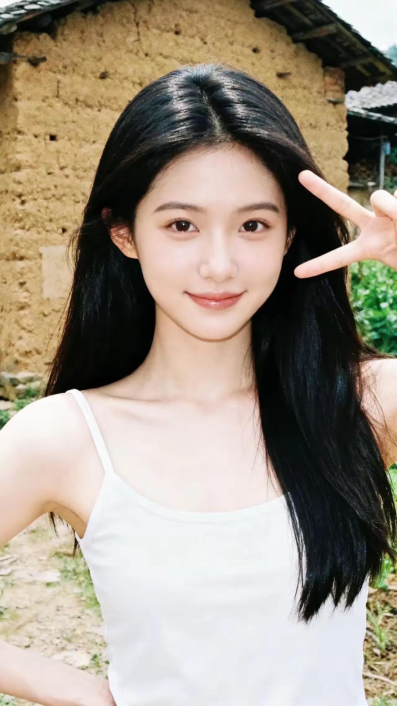 阳光明媚的午后，少女在乡村小屋前摆出俏皮的手势，笑容甜美，仿佛时间静止。