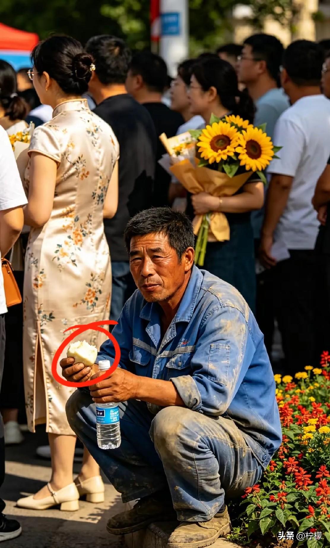 高考第一场，我在考场外看到一位父亲蹲在路边吃馒头，走近后一下子愣住了。
 
他穿