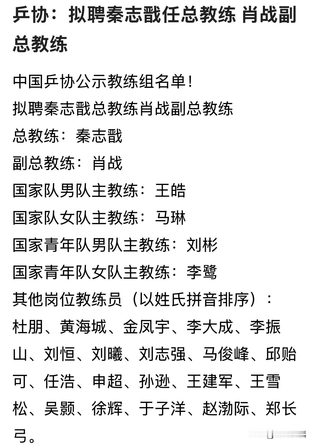 中国乒协公布国乒教练组：

总教练为秦志戬，副总教练为肖战；
男队主教练王皓，女