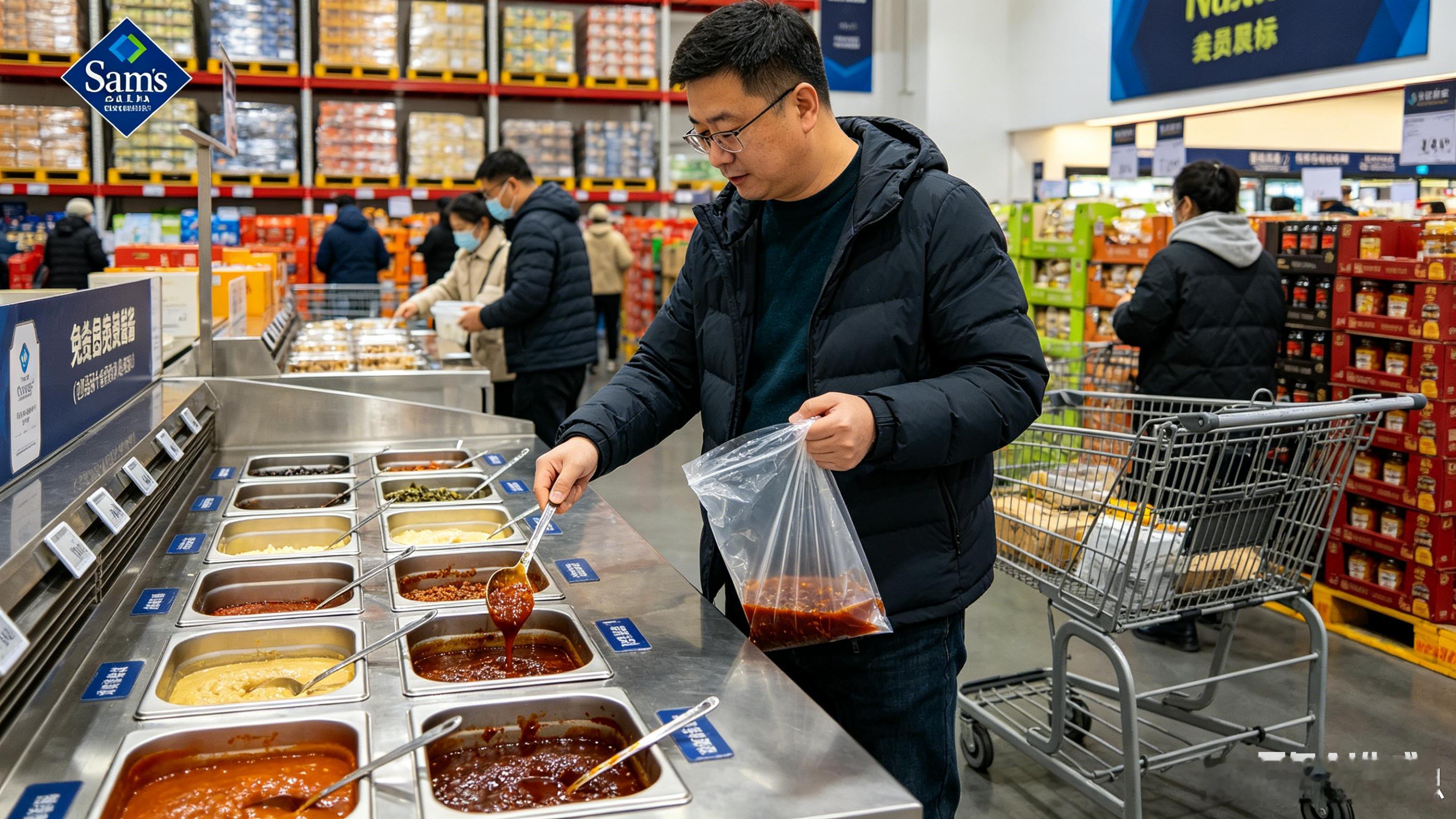 山姆的小料台，写着"自取"，没说限量。于是有人拿着塑料袋，十几秒装满一袋，一家三