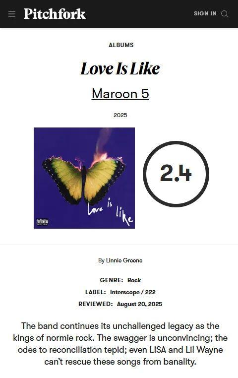 Maroon 5 最新专辑《Love Is Like》获 Pitchfork 打