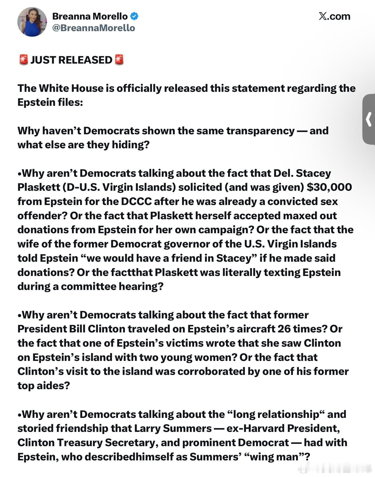 關於愛潑斯坦檔案，獨立記者 Breanna Morello 提出以下問題：為什麼