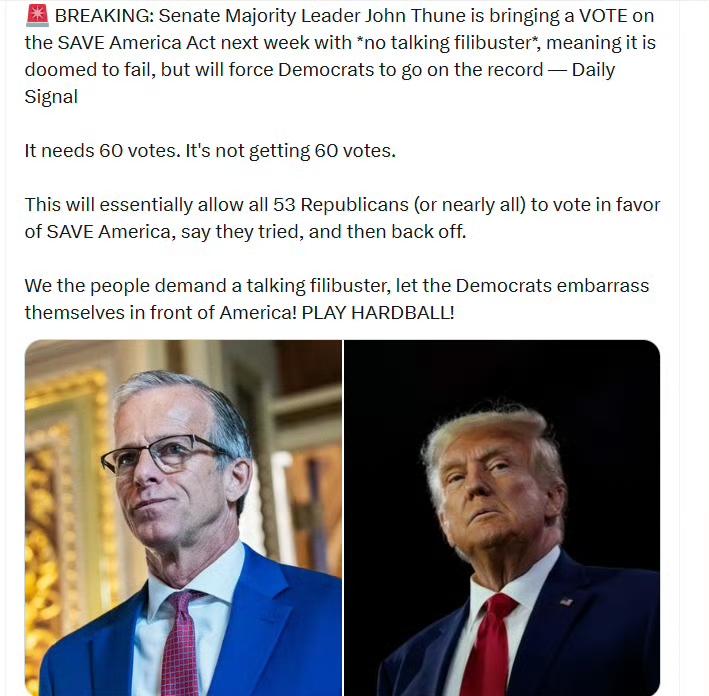 据Daily Signal报道，约翰·图恩计划在下周就《拯救美国法案》举行投票，