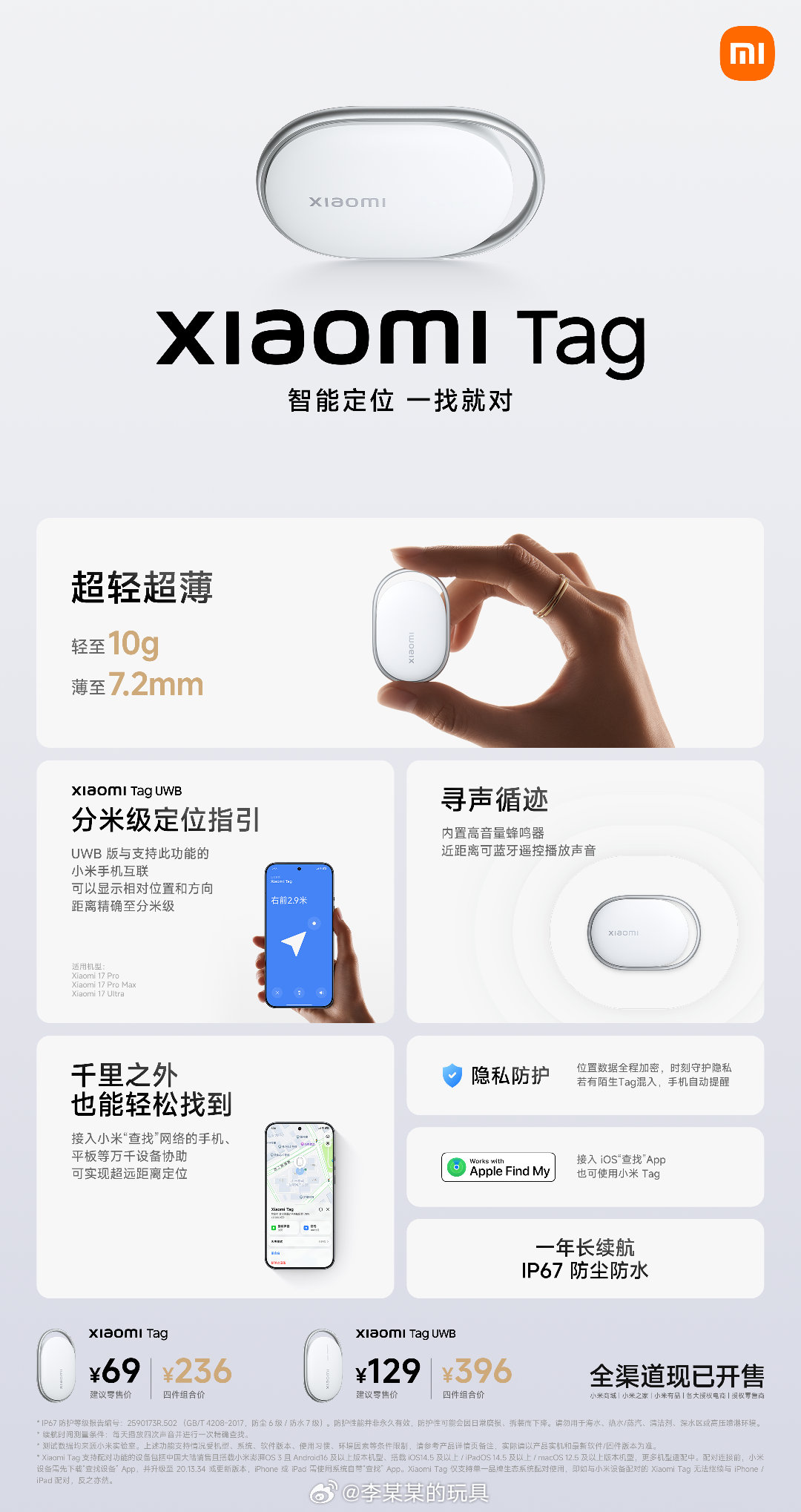 小米Tag追踪器售价69元起更推荐UWB版本的，129的定价还是可以的，而且兼容