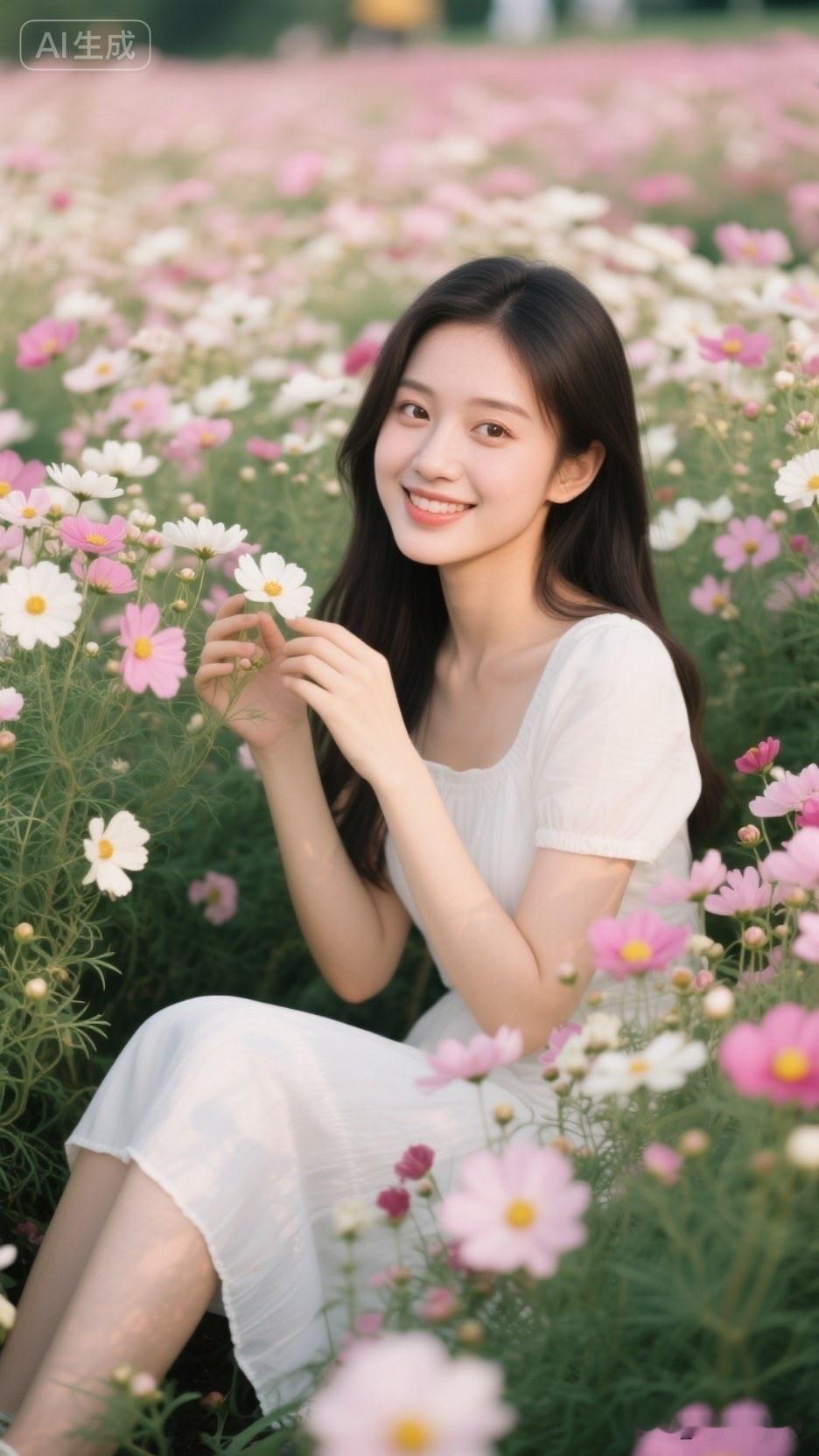 阳光下的花海，微笑的少女，美好的一天从这里开始。🌸🌼🌻