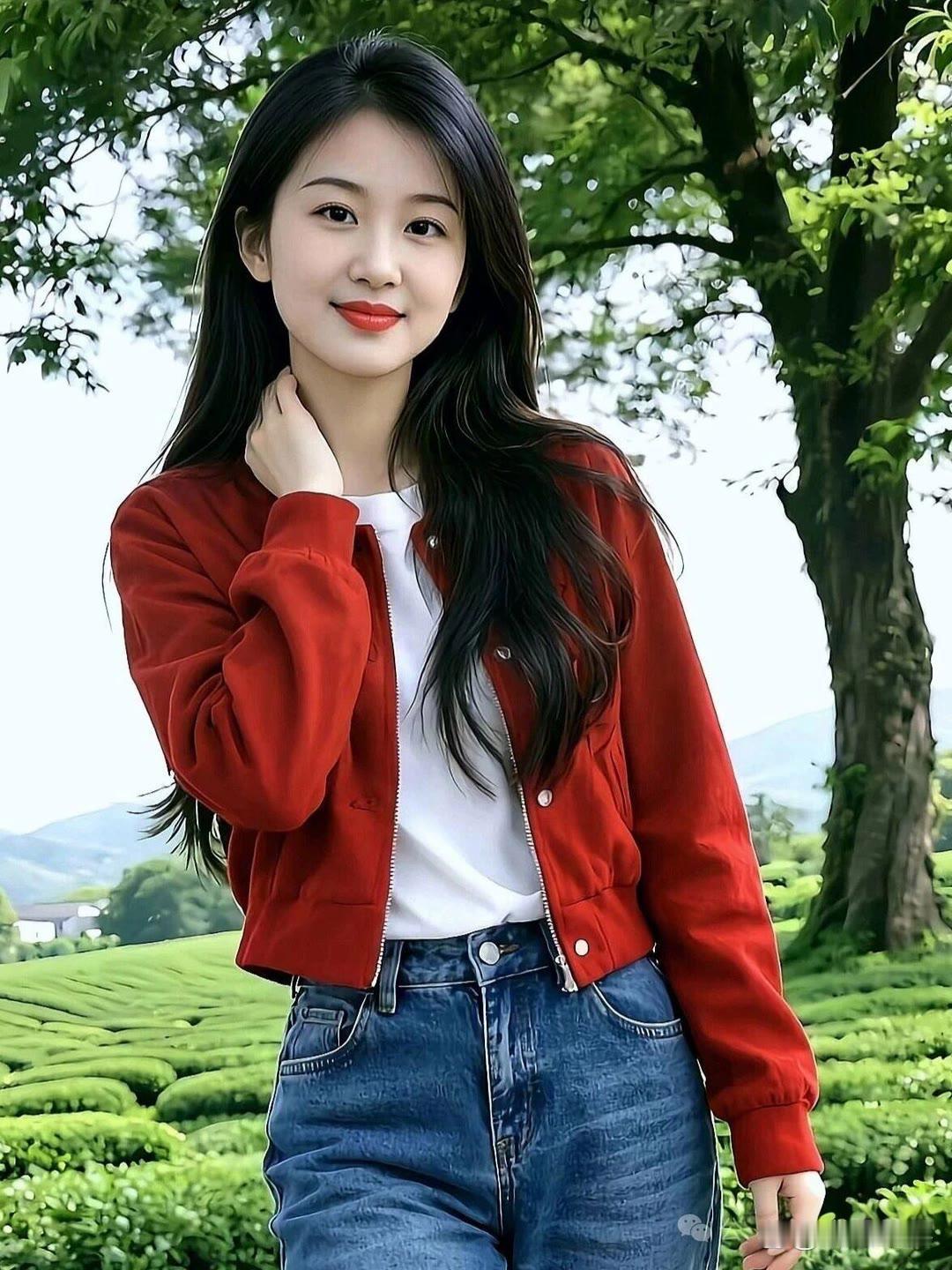 元气少女在茶园，红衣白T牛仔裤，清新自然美！