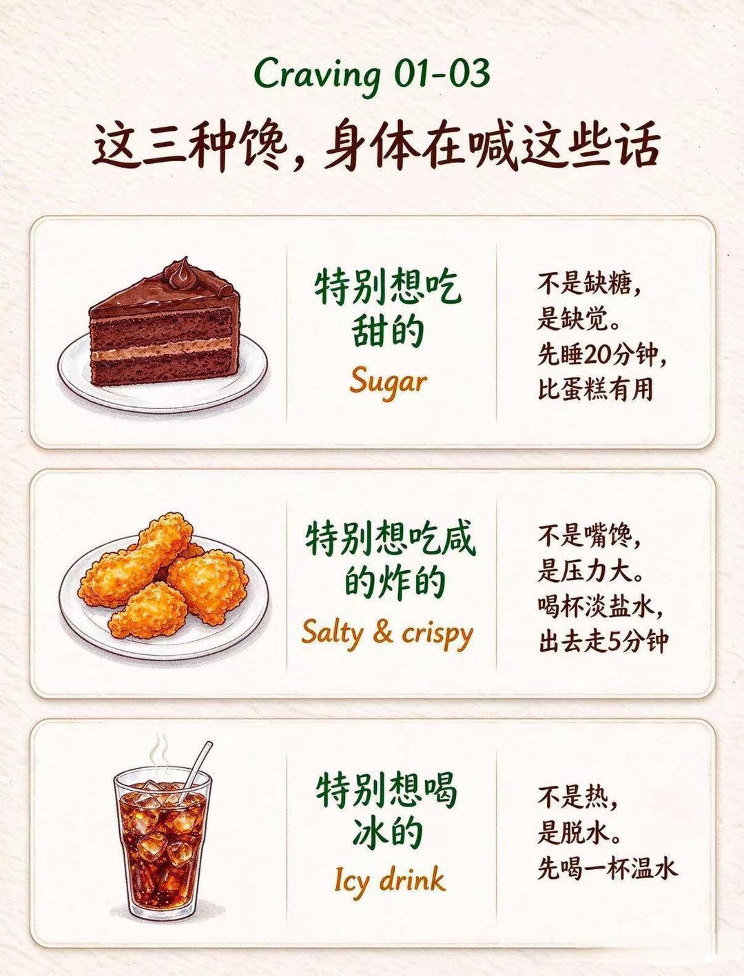 老是嘴馋想吃，很多时候根本不是胃饿，是身体在发出信号！
 
想吃甜食，大概率是缺