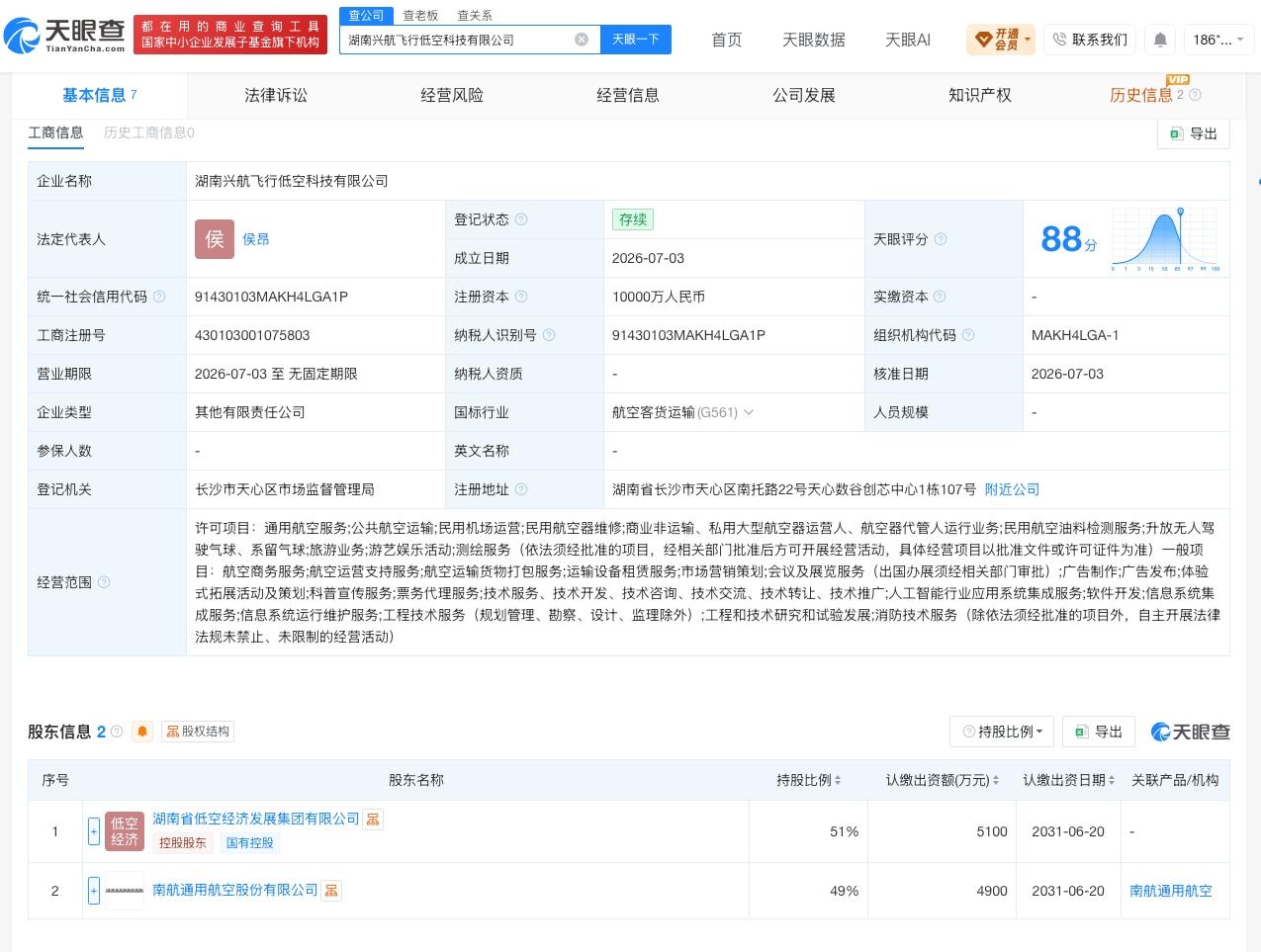 南航通航等在湖南成立低空科技公司 注册资本1亿
天眼查App显示，近日，湖南兴航