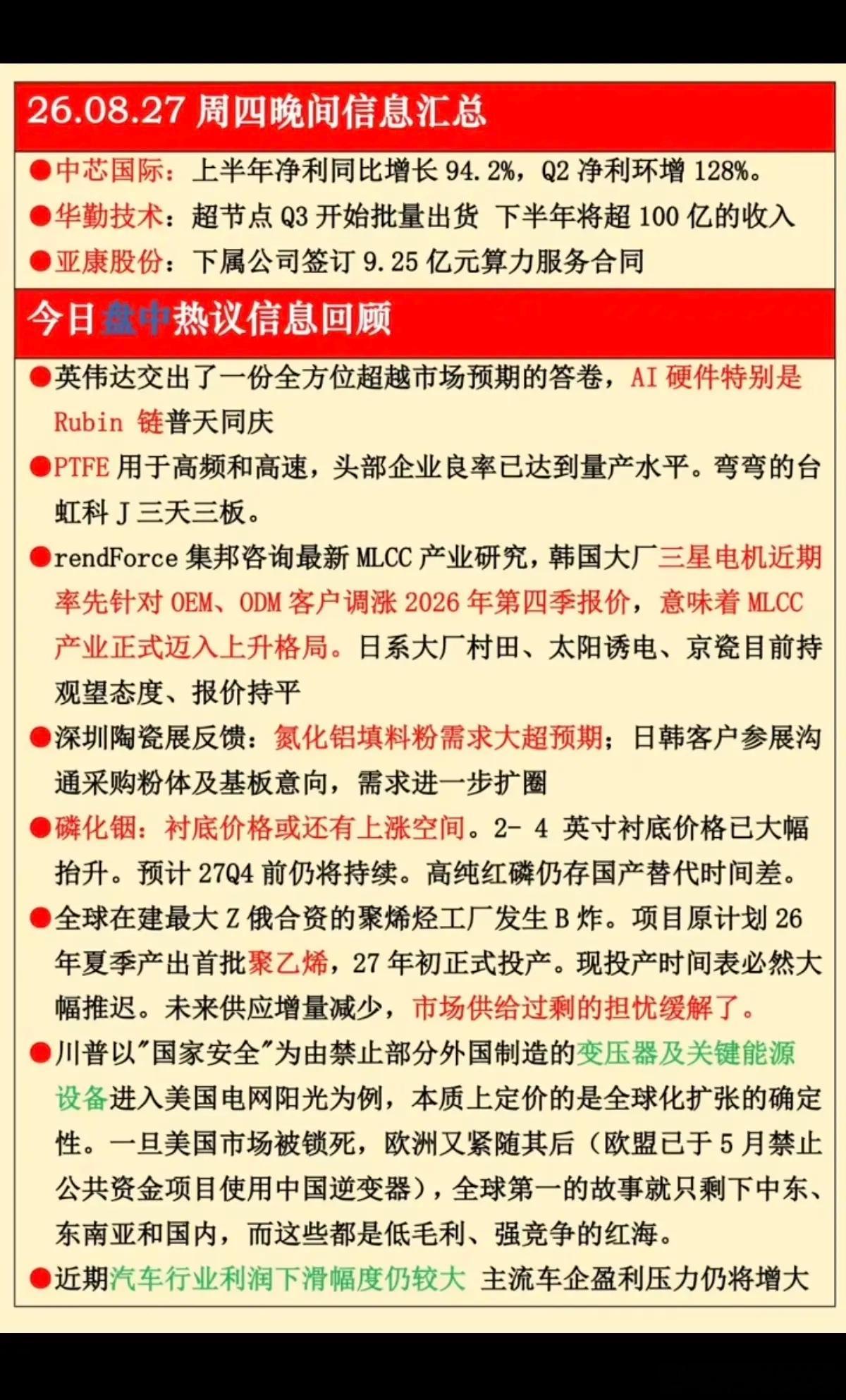 8.27周四  晚间：财经热点信息参考！1.中芯国际：半年报业绩披露2.MLCC