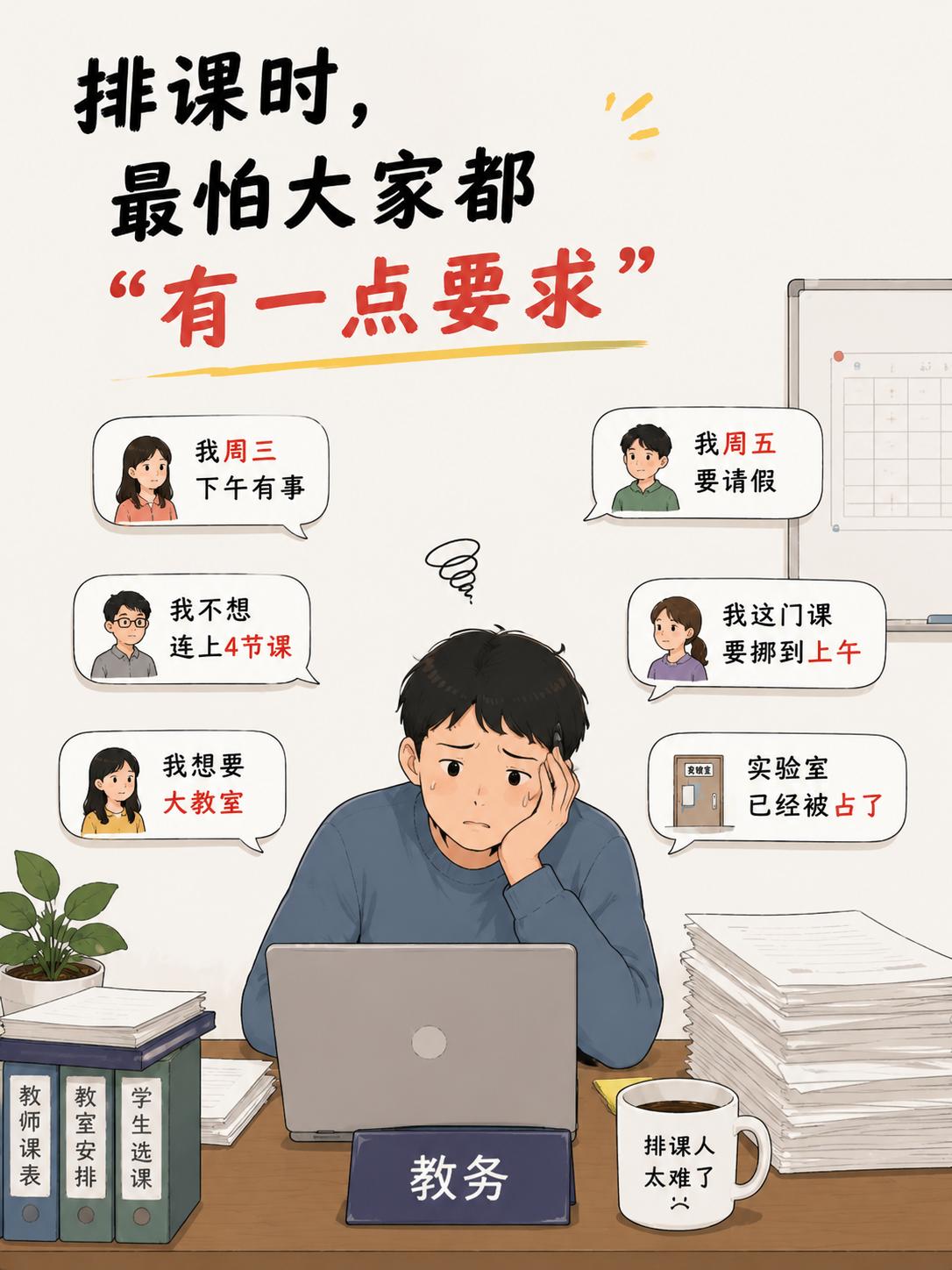 开学收集排课需求阶段，各科老师陆续提交个人限制：部分老师周五需提前离校、文科老师