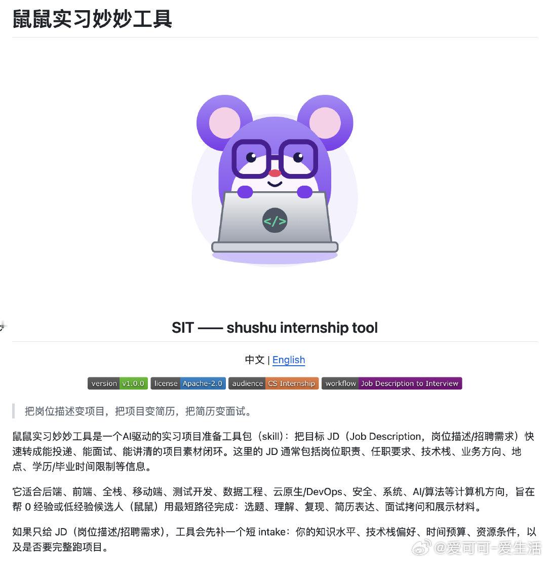 鼠鼠实习妙妙工具（SIT）是一套 AI 驱动的实习项目闭环工具：把岗位 JD 快