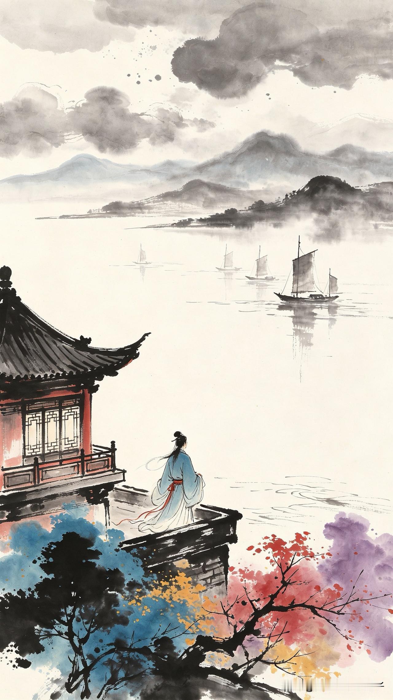 千帆过尽水空流，
独倚危楼送晚秋。
望断天涯云渺渺，
    
…………请师友续