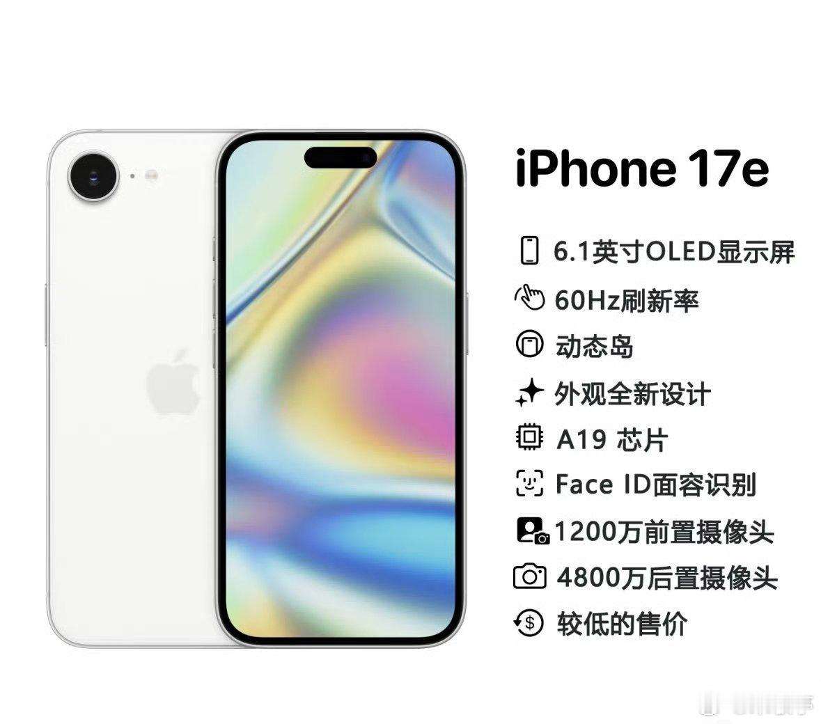 据消息iPhone 17e将于2026年初发布，A19处理器，8GB内存，后置4
