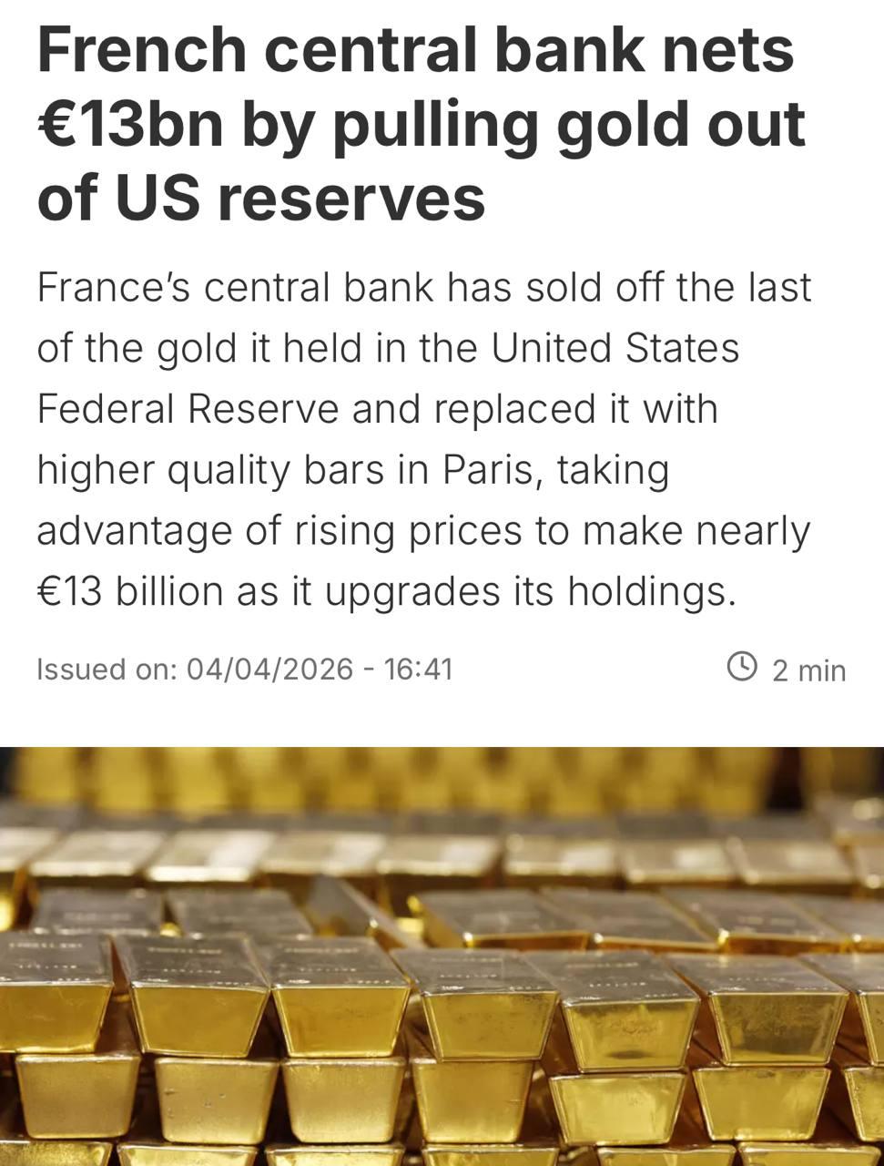 法国央行已彻底清空存放在美国美联储的黄金储备，总计129吨黄金全部运回巴黎，借此