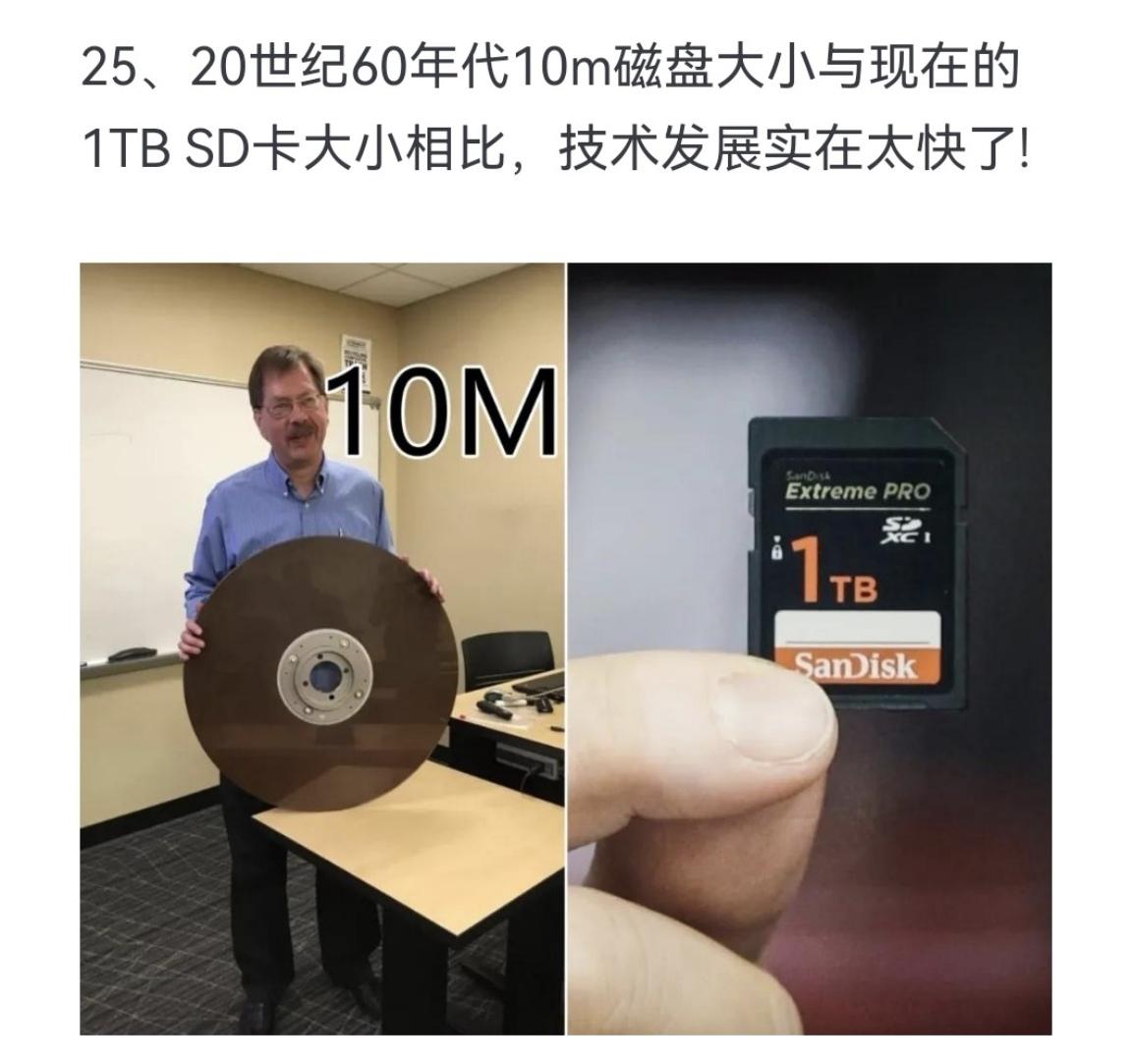 20世纪60年代10m磁盘大小与现在的1TB SD卡大小相比，技术发展实在太快了