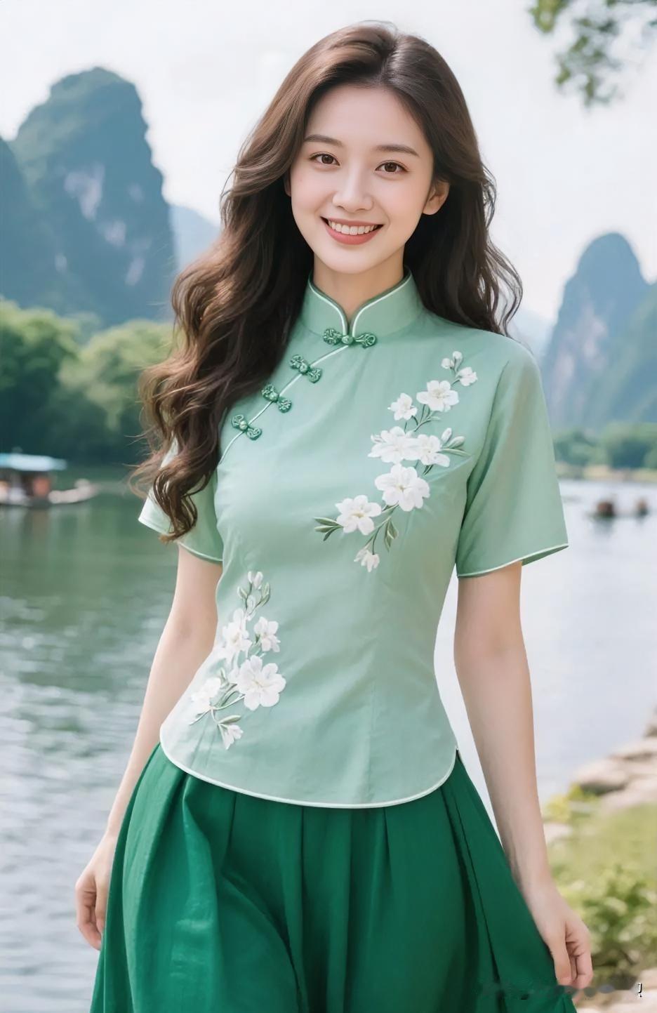 浅绿绣花上衣配深绿长裙，于水岸青山间浅笑，清新国风与山水相映，温婉灵动尽显东方气