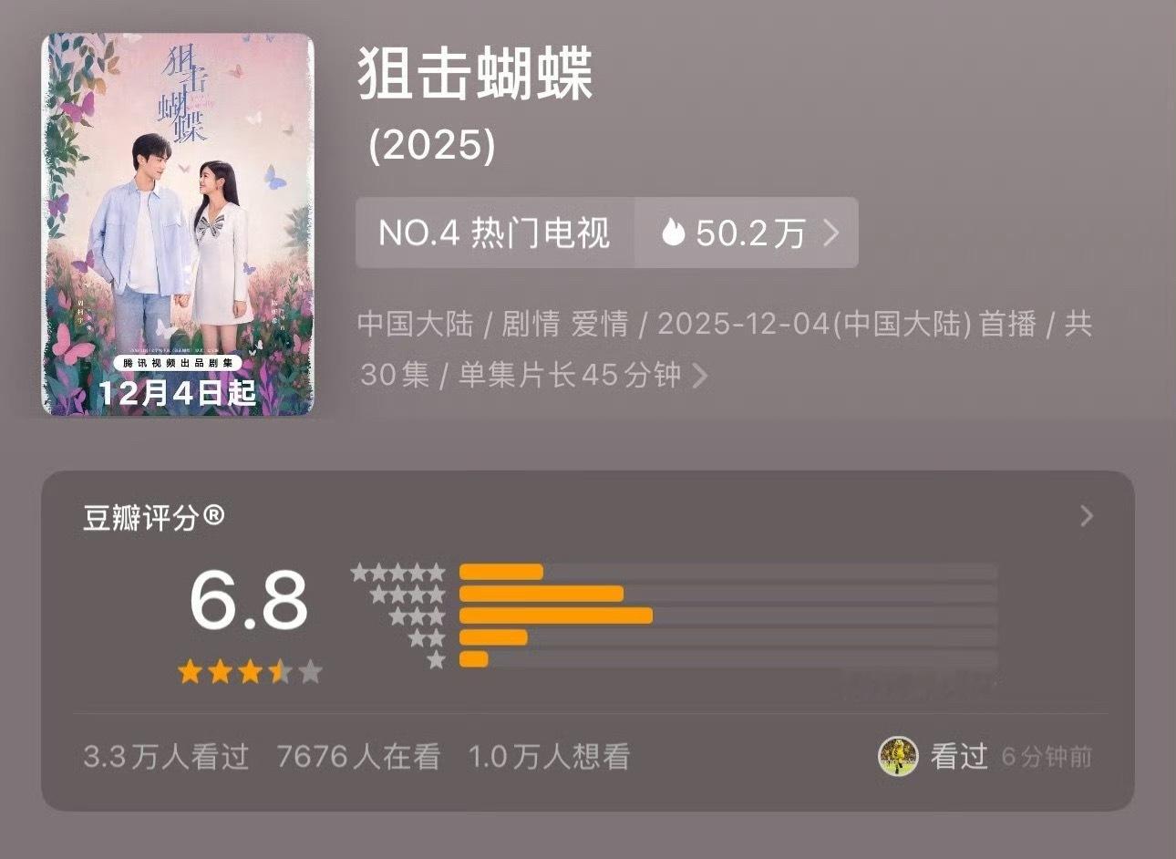 狙击蝴蝶开分6.8狙击蝴蝶开分6.8分 陈妍希、周柯宇主演的《狙击蝴蝶》开分6.