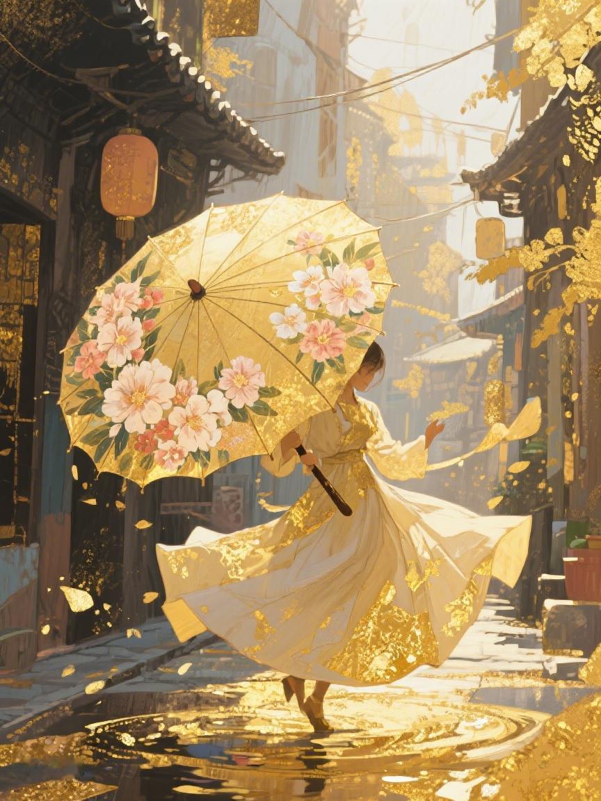 AI妙生图在金色流光里，油纸伞下裙摆飞扬，旧巷似藏着时光的秘密，引人探寻✨