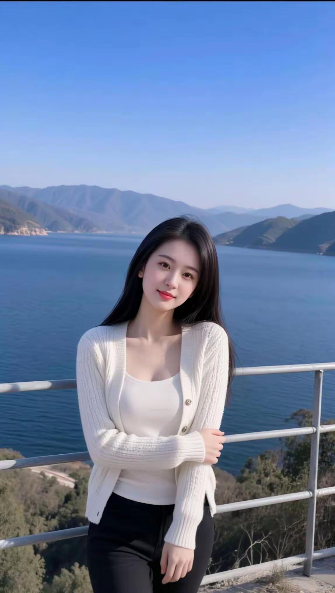 湖光潋滟处，佳人倚栏杆。