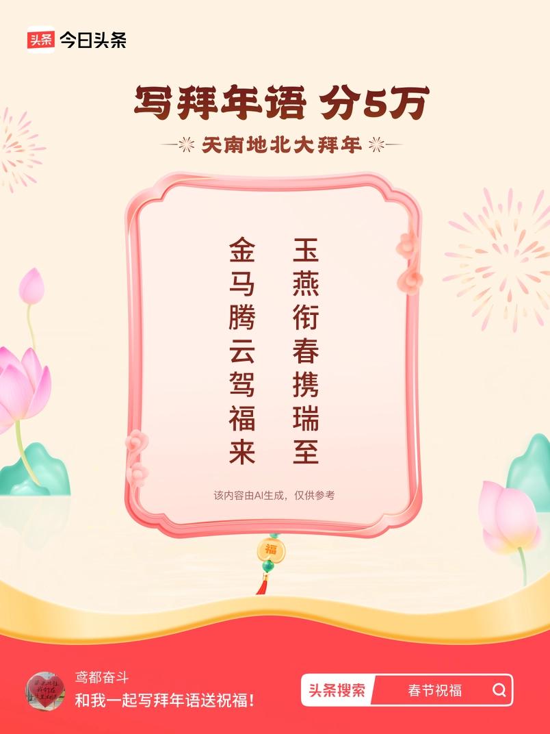 写拜年语送祝福新春拜年送祝福！我的祝福是：“金马腾云驾福来，玉燕衔春携瑞至”！快