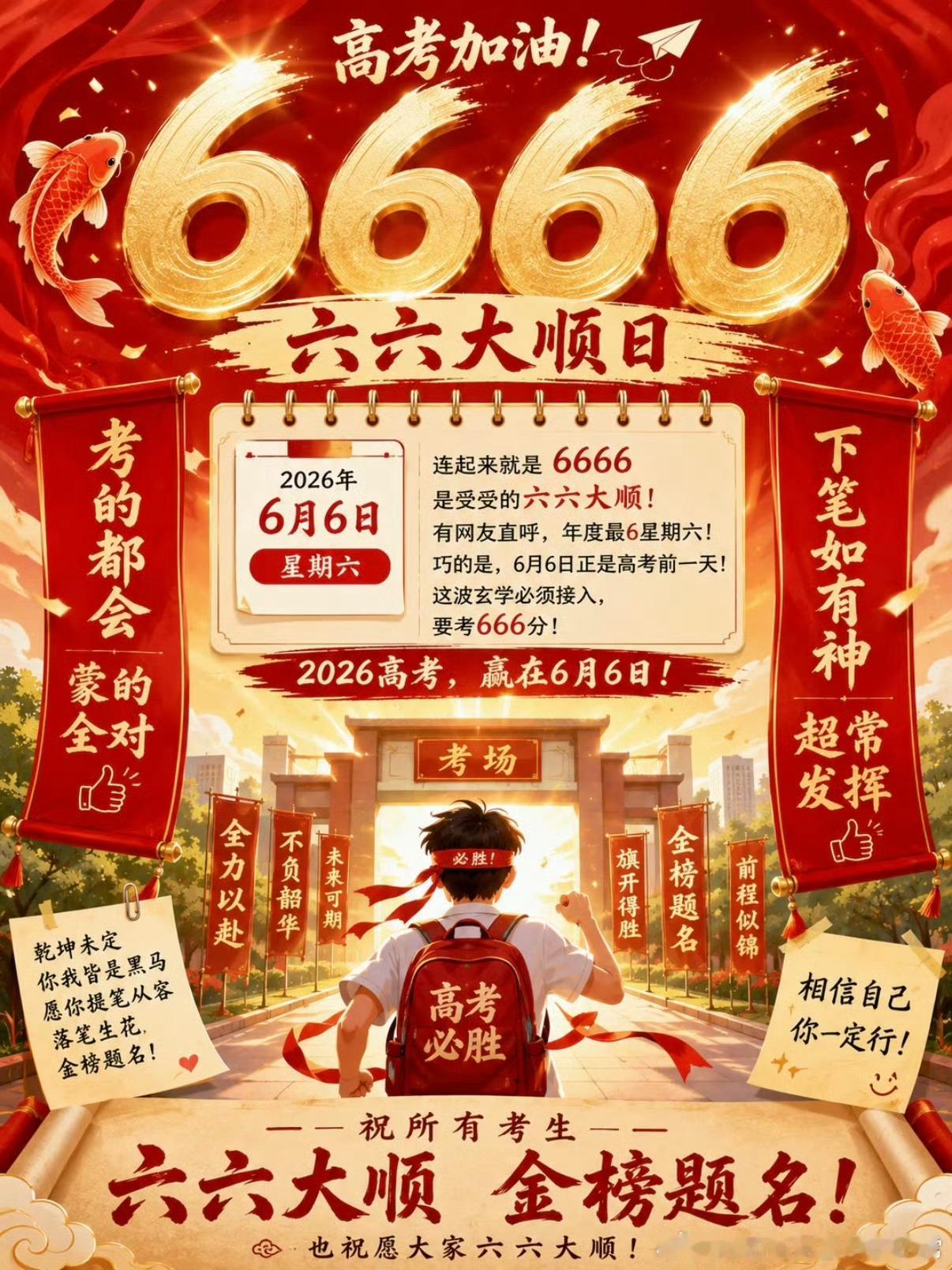今年最6的日子来了年月日同六恰逢周六，好运buff尽数拉满，正值高考前夜，考生收