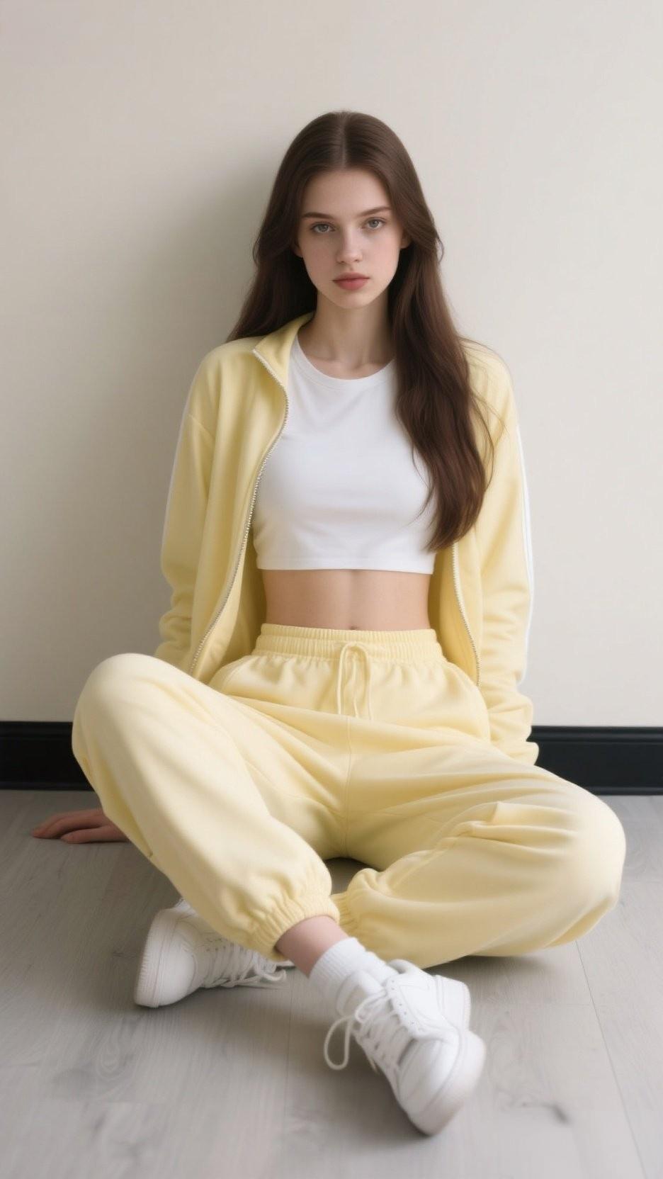 黄色运动套装搭配白色T恤这组合太赞了，轻松营造简约风，舒适感直接拉满。白色纯棉透