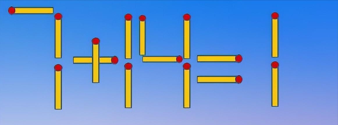 图中火柴棒组成的 “7 + 14 = 1” 显然不成立，挑战是仅移动 2 根火柴