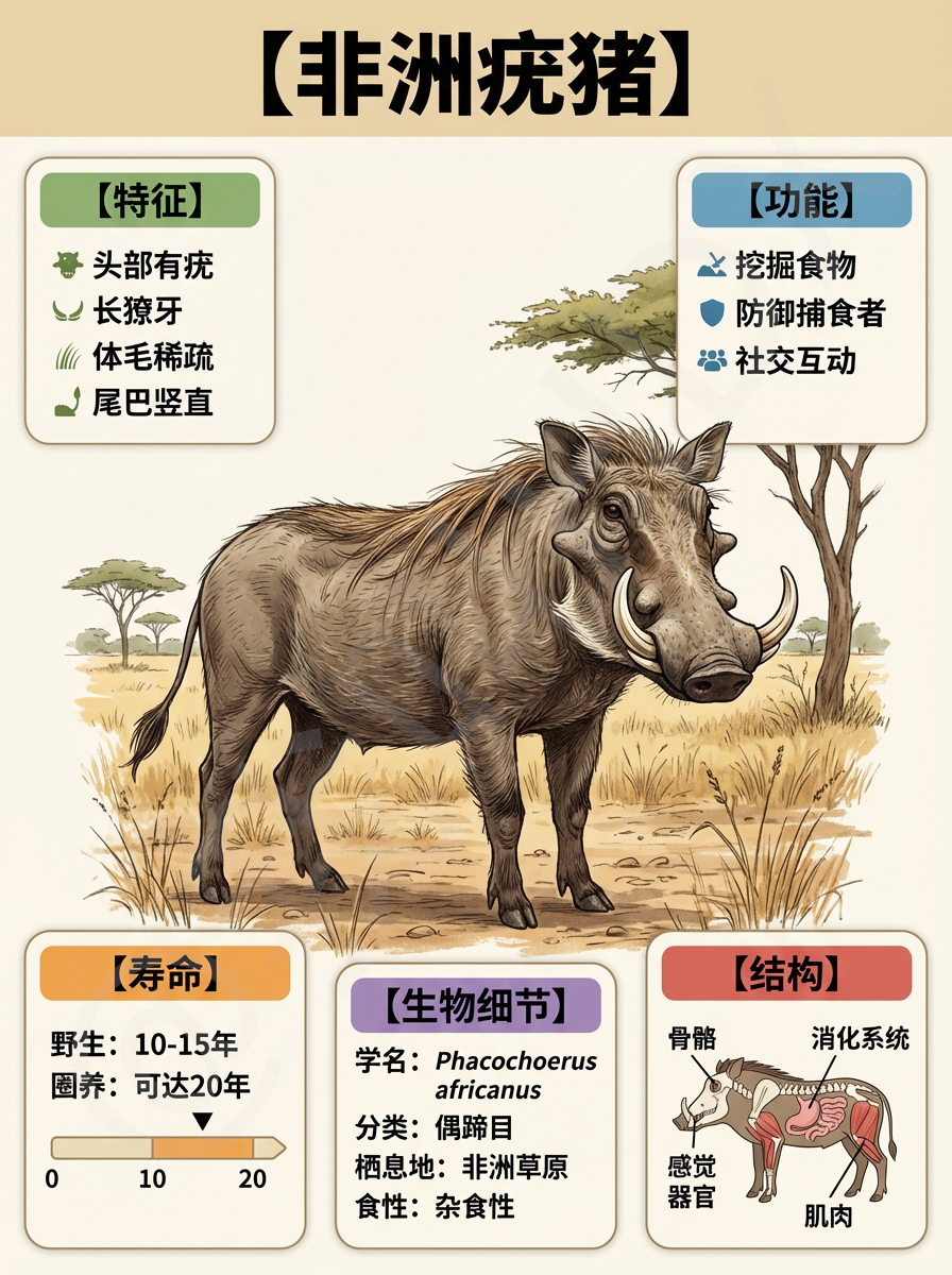 我AI的动物 非洲“硬核战士”——非洲疣猪🐗它那长相就超有辨识度，脸上长着肉质