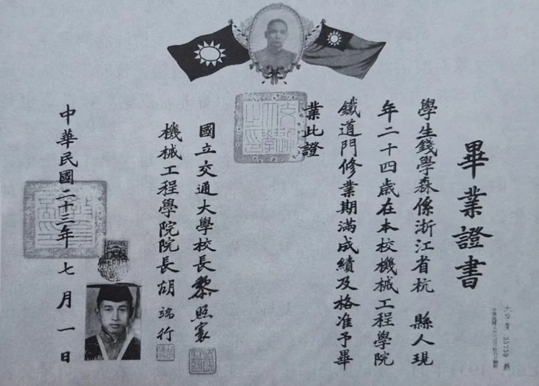 钱学森的本科毕业证书，上海交通大学