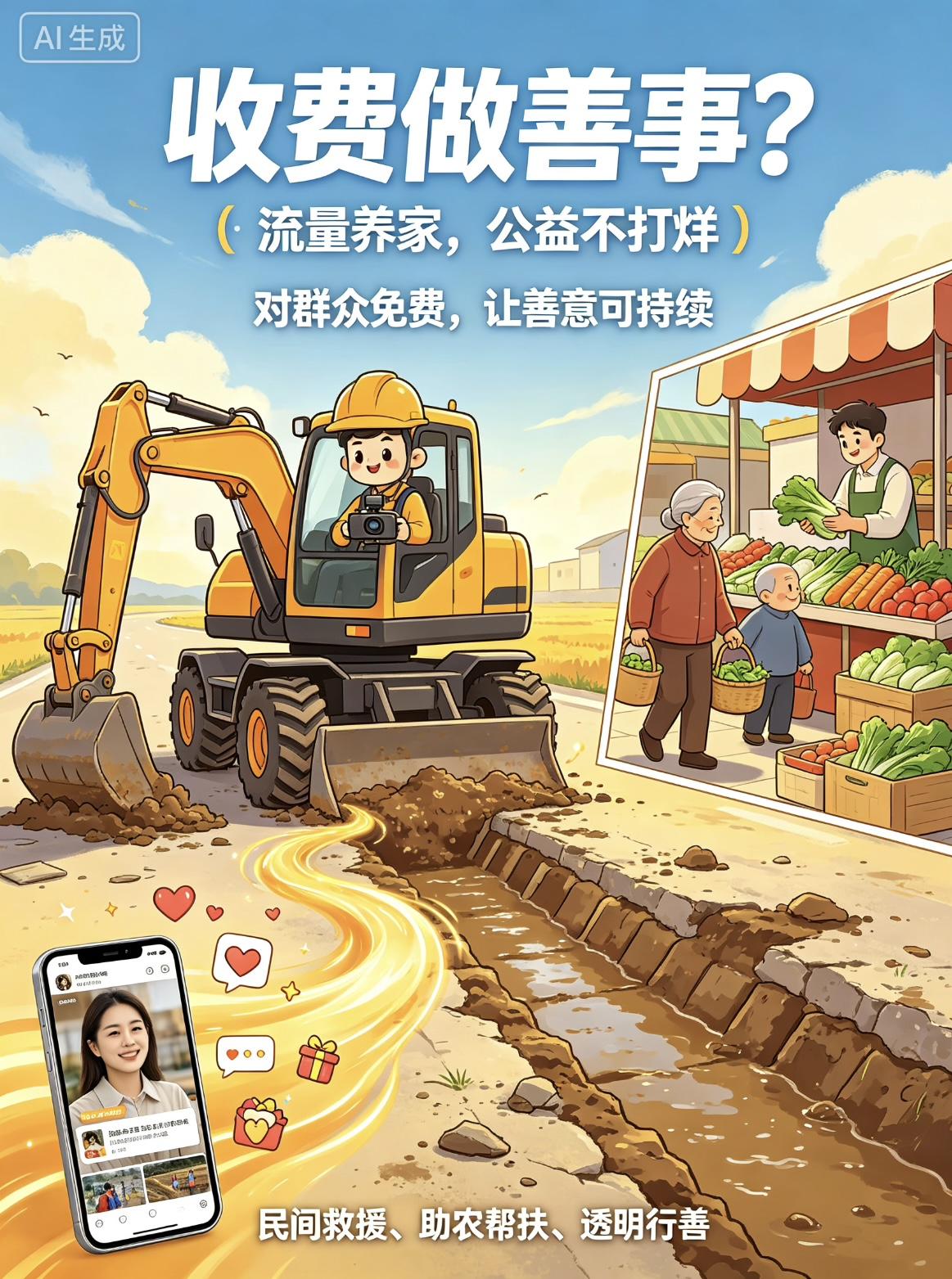 收费做善事？

一名普通挖掘机驾驶员，独自驾驶轮式挖掘机奔走全国各地。哪里有灾情