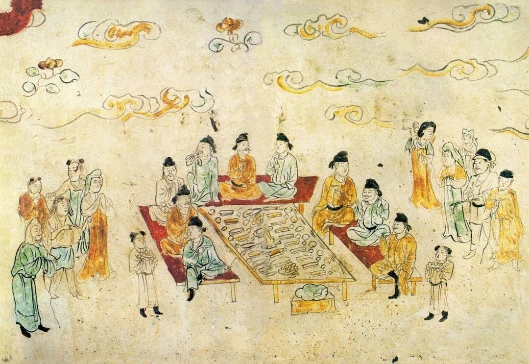 西安长安县韦曲唐墓壁画《宴饮图》 | 陕西历史博物馆 宴饮图占据墓室东壁三分之二