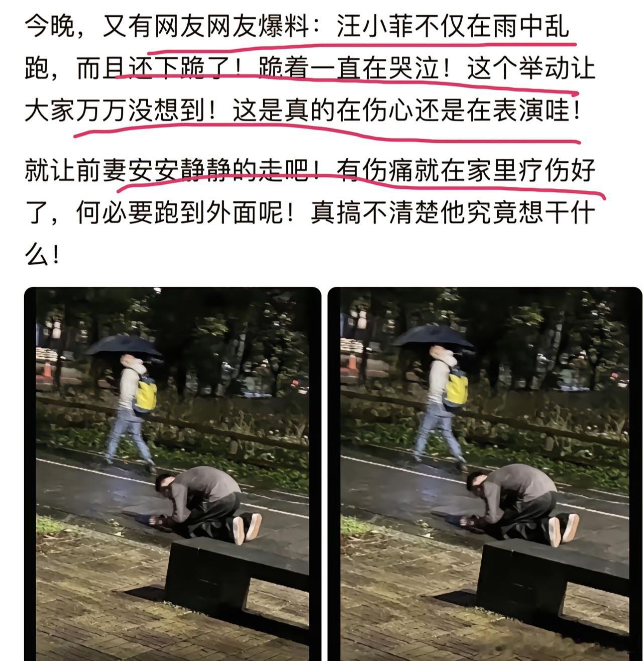 有网友爆料说汪小菲不仅在雨中乱跑，还下跪了。并且跪在雨中哭泣～问：到底是真伤心还