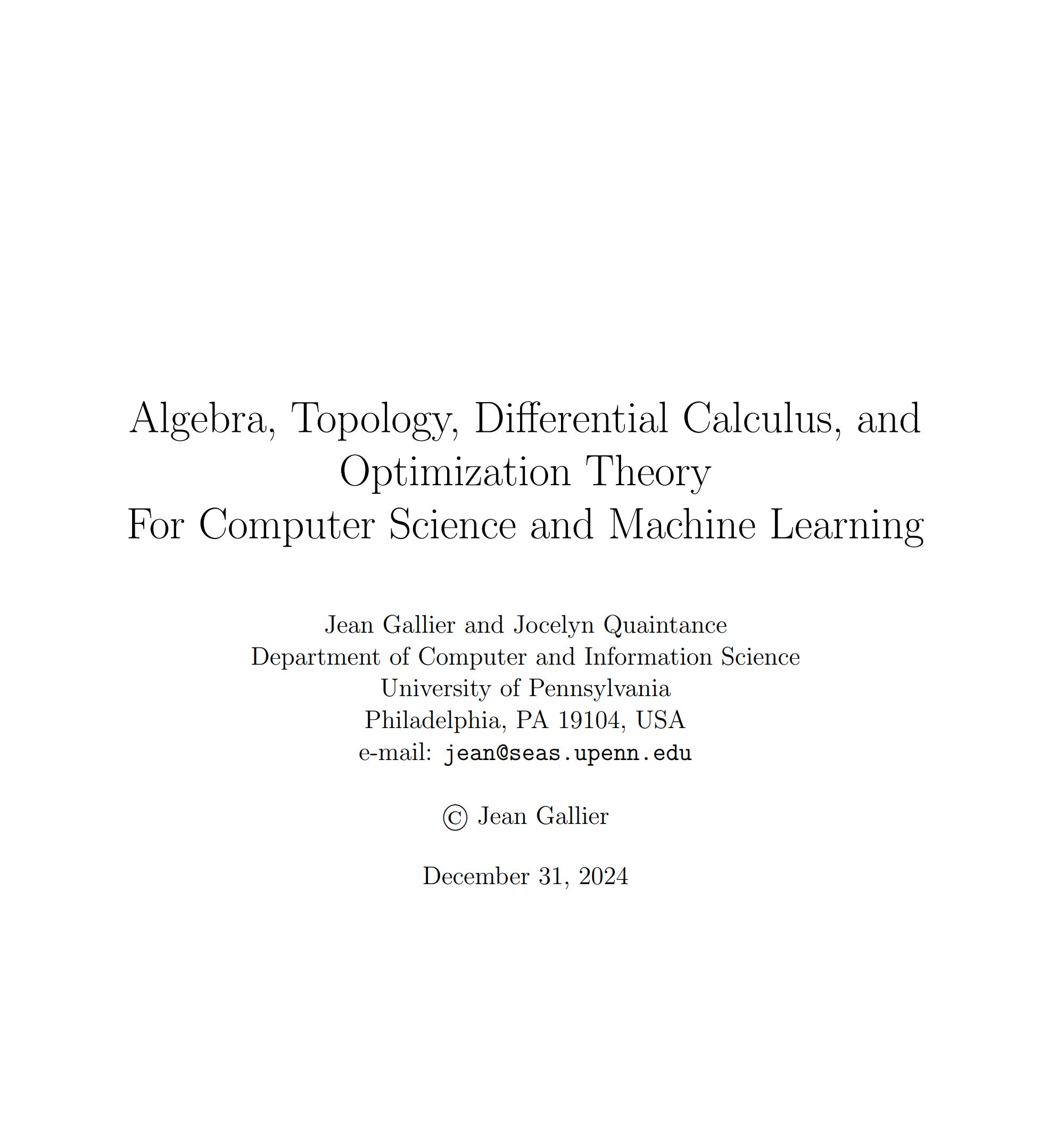 AI的数学基础：宾夕法尼亚大学的电子书 《Algebra, Topology, 