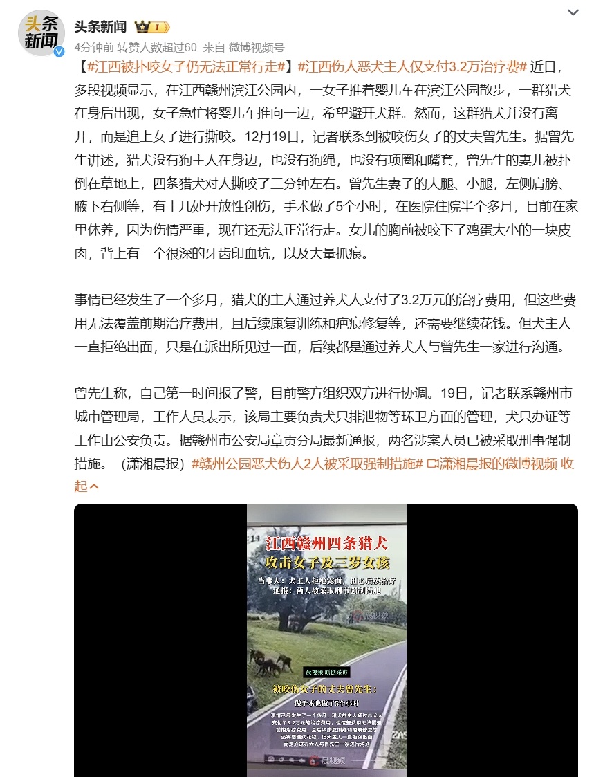 赣州公园恶犬伤人2人被采取强制措施  遛狗不牵绳，等于狗遛狗。最可恨的是这猎犬主