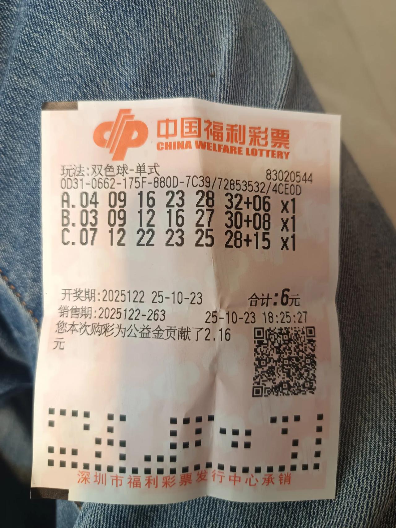 以后尽量不买彩票了，咋天买了6元，自选二注，机选一注，一共三注，结果中奖号码出来