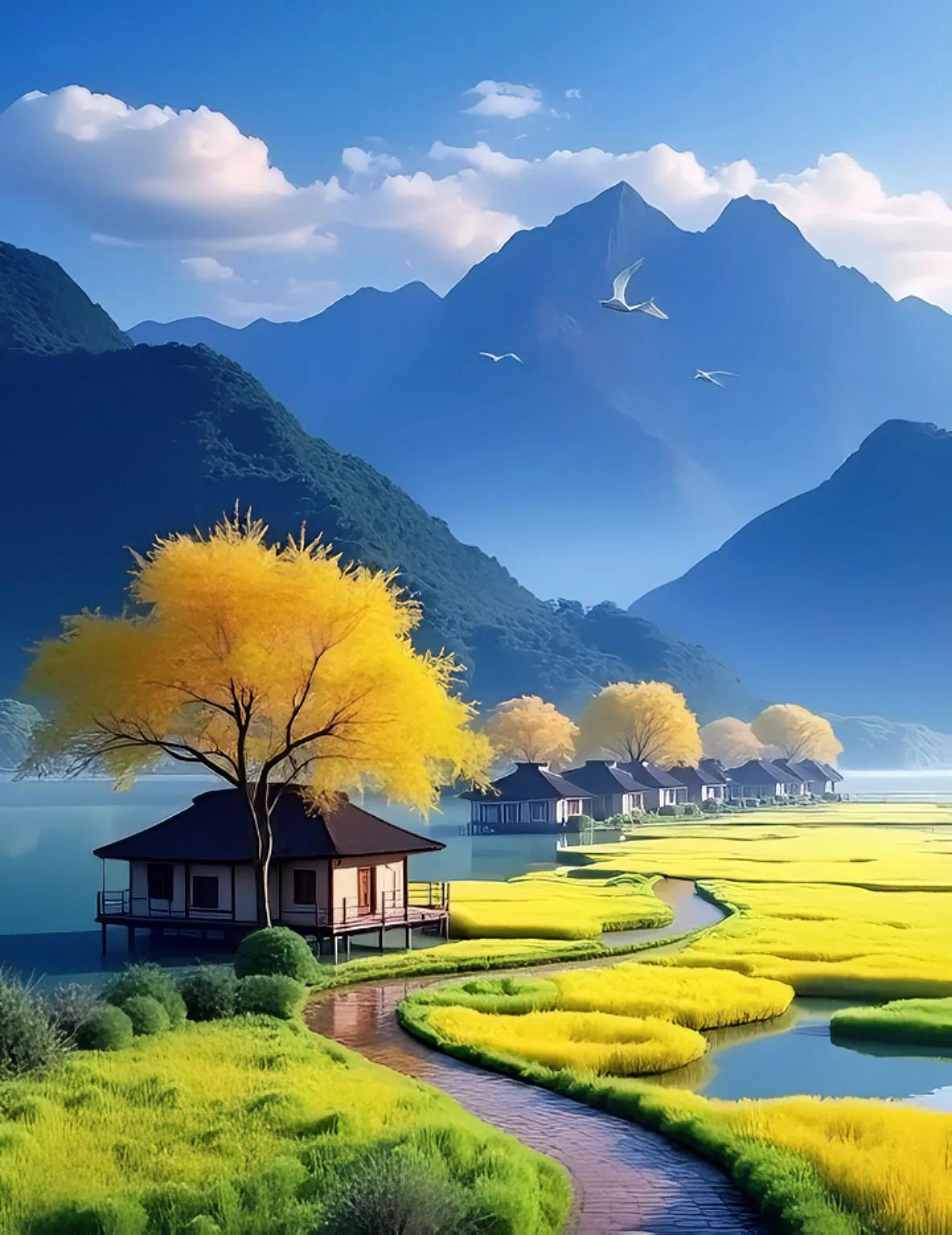 #随手拍一张秋天的美景#
《秋日田园画卷》
秋日金辉洒陌阡，
温馨画卷映眸前。