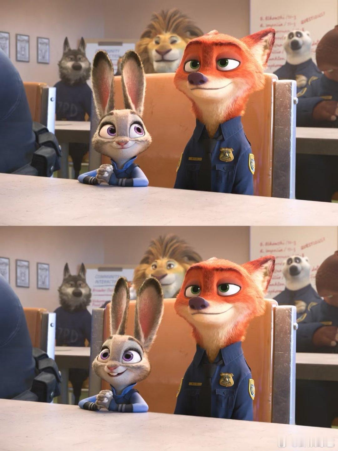 朱迪温柔拍肩的瞬间太戳人，尼克主动抬臂的配合满分，转圈圈+整理领结，每帧都甜到齁