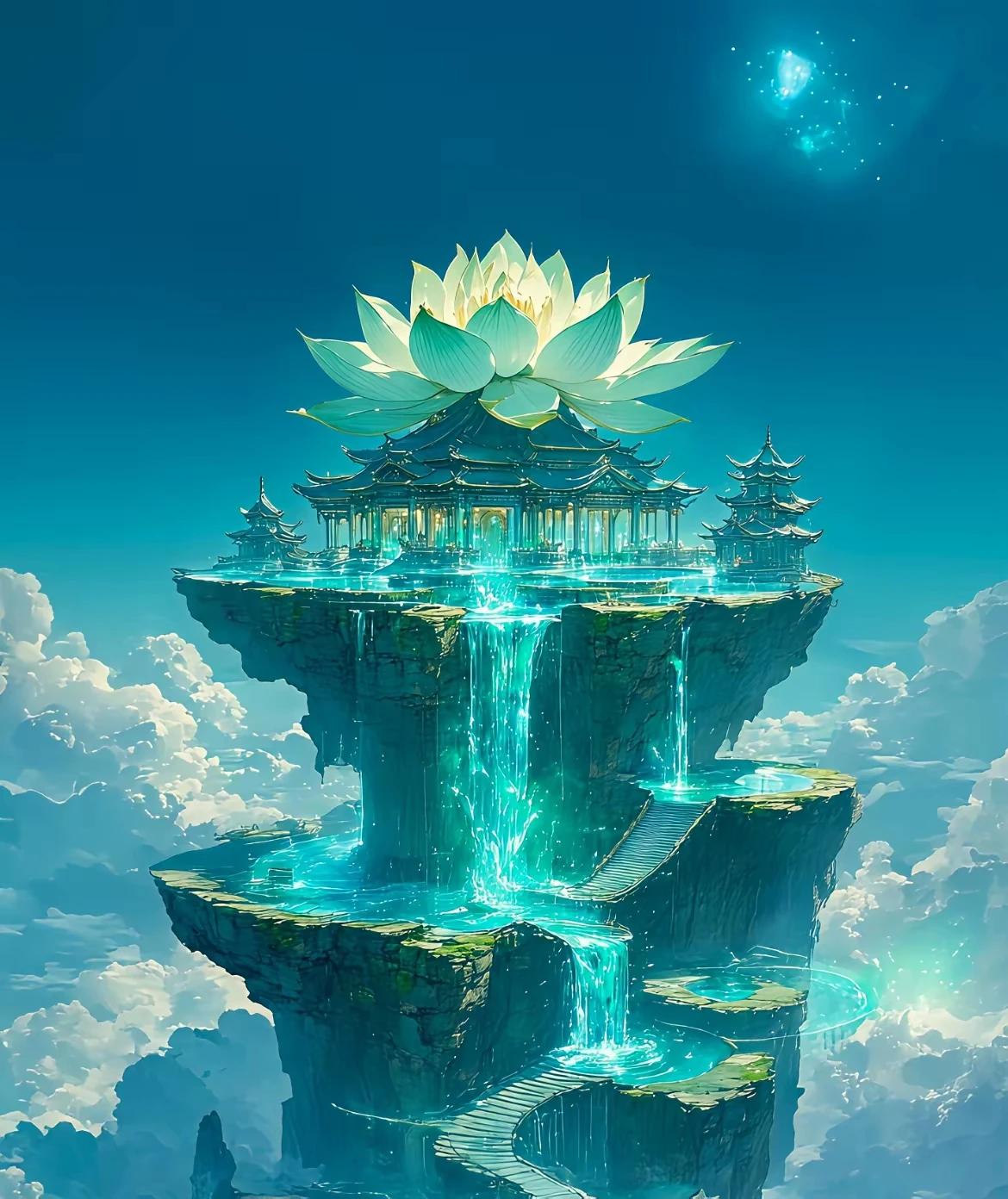 上联：海市蜃楼悬半天
下联：莲台拥出水中宫