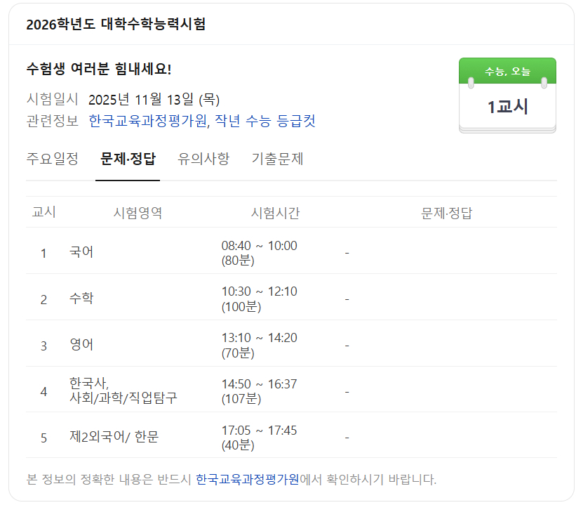 韩国2026学年度大学入学考试（高考）于今日进行，考试进行一天，共考5场。 8: