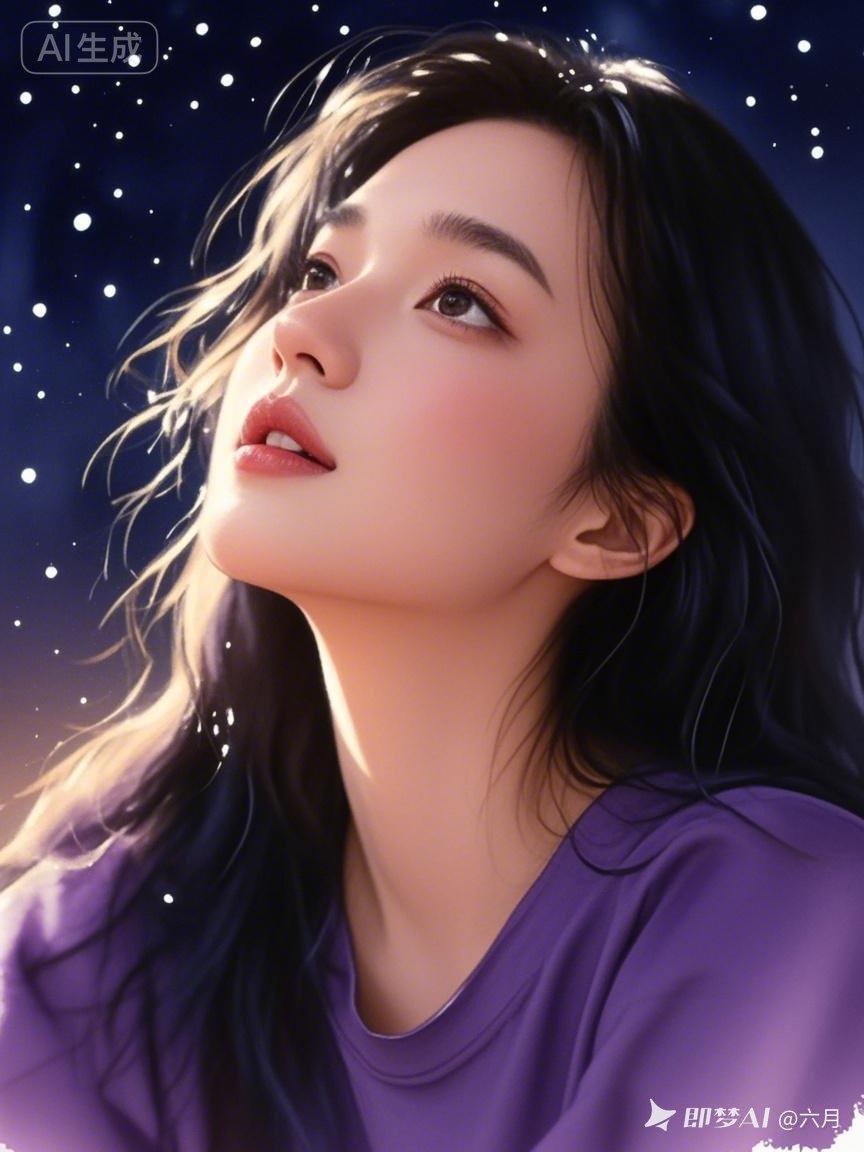 梦幻星空下的少女，温柔凝视，仿佛在等待流星划过夜空。