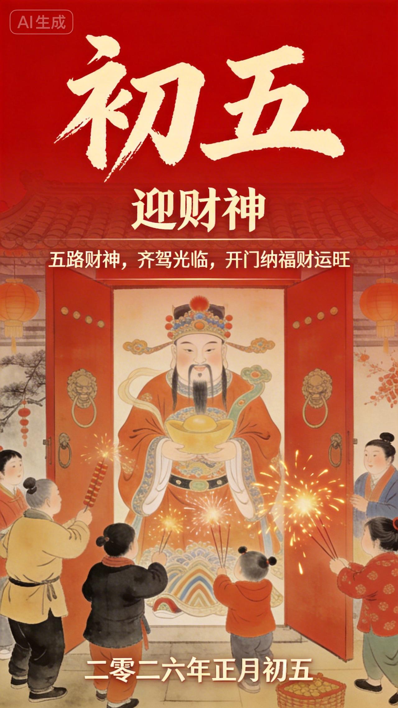 破五！
开门迎财神！
 
五路财气
齐入家门
八方金银
汇聚囊中
 
2026 