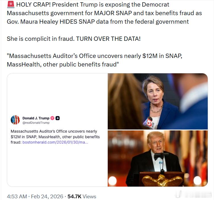 特朗普总统揭露马萨诸塞州民左党政府的大规模 SNAP 和税收福利欺诈问题，而州长