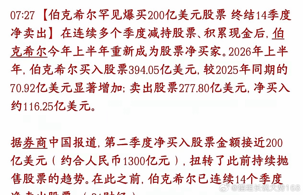长线布局机会来了？巴菲特旗下伯克希尔终于停止抛售股票，开始大举买入。此前伯克希尔