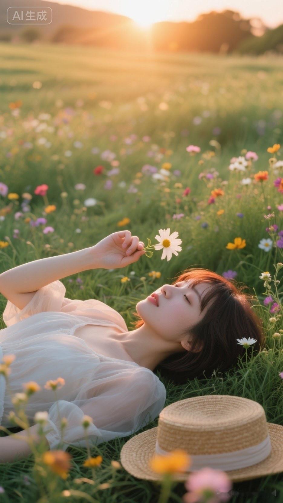 阳光洒满花海，少女与花共舞