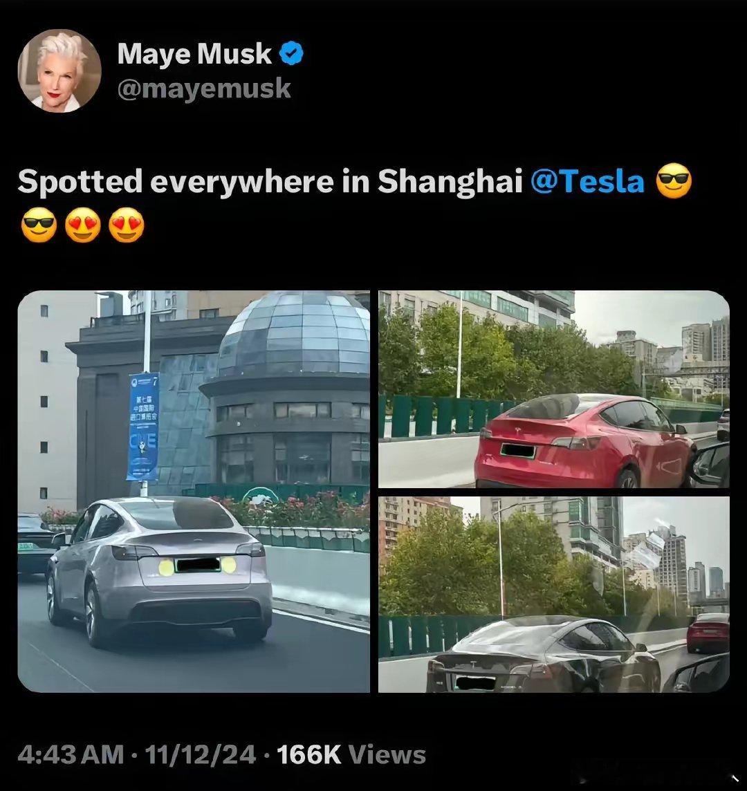 马斯克的母亲在 X 上发文说，上海到处都是特斯拉[允悲] 能看得出来，她真的很为